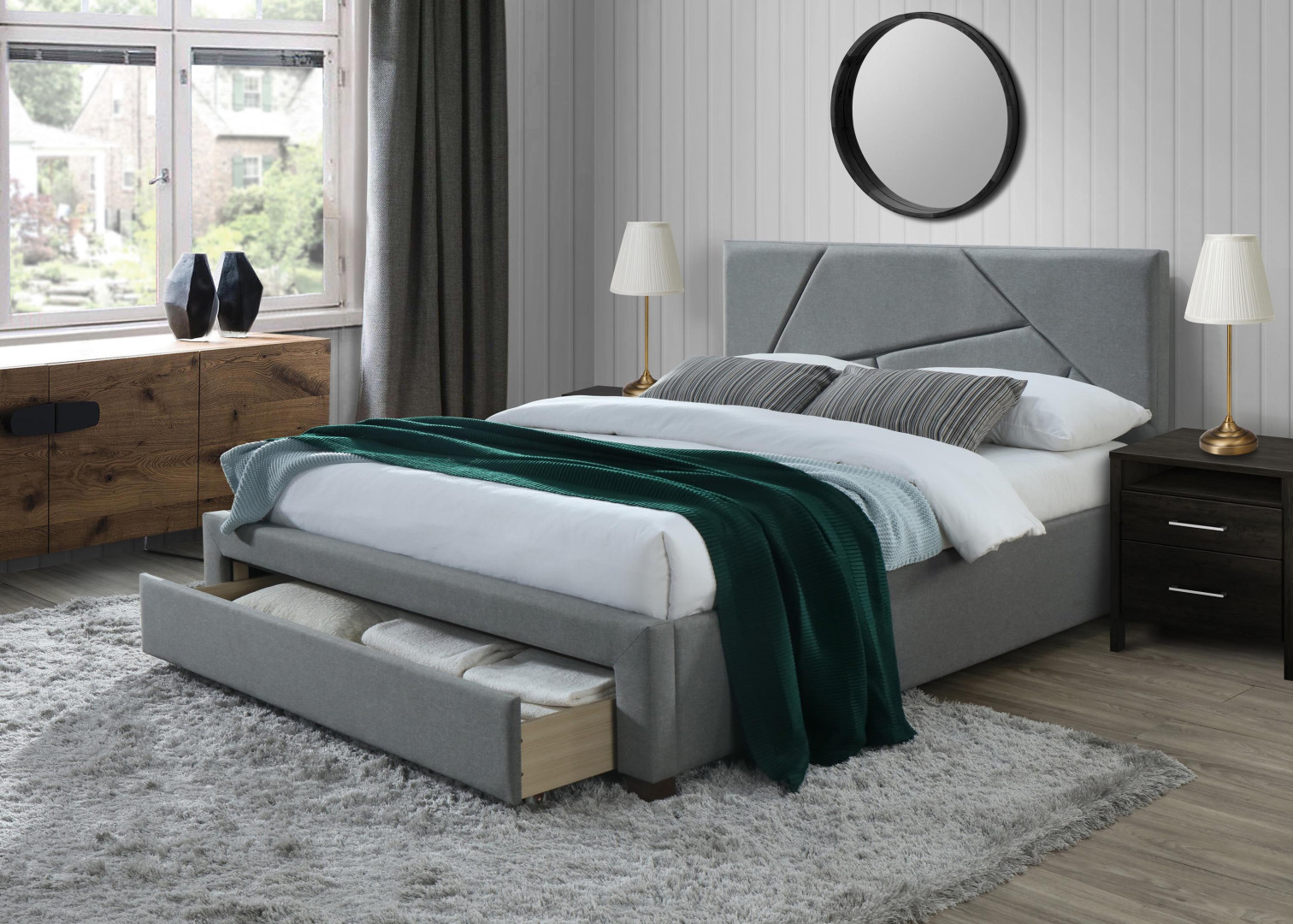 Łóżko VALERY - drewniane, szuflada, tapicerowane